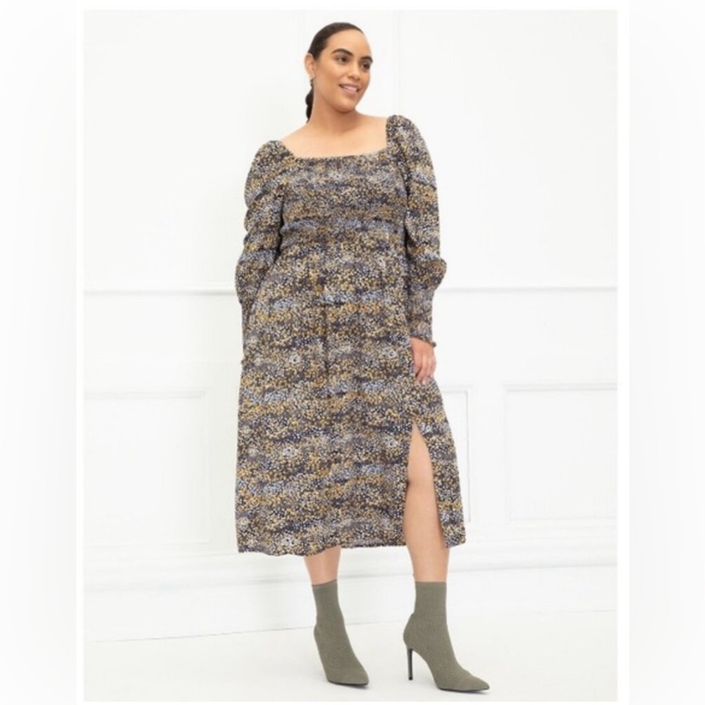 Eloquii Elements Mixed Dot Print Smocked Midi Dre… - image 1